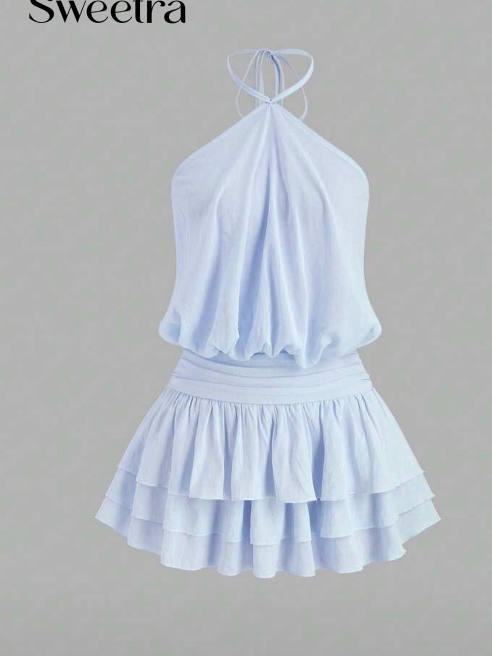 SHEIN Light Blue Backless Halter Ruffled Mini Dress